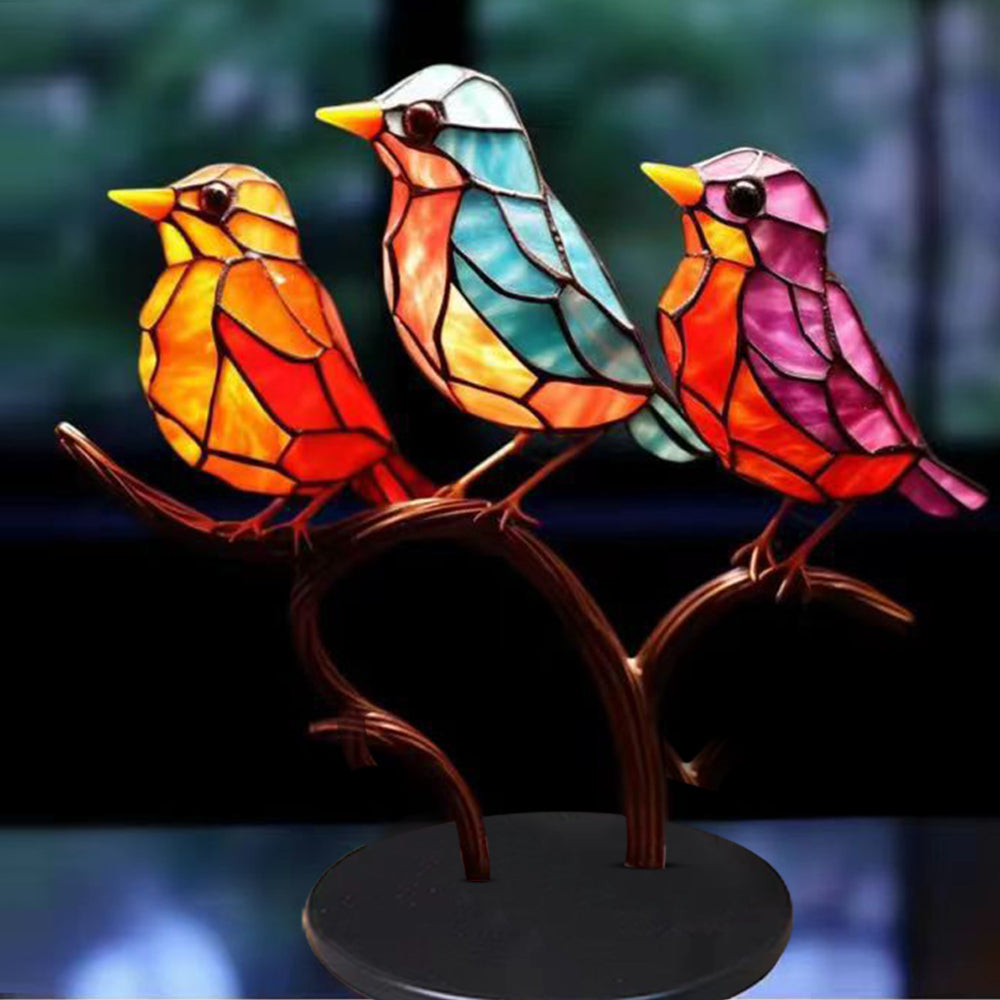 Stained Birds On Branch Desktop Ornaments Metal Table Art for Office Home Room Decoration-Three birds in one branch(same direction)