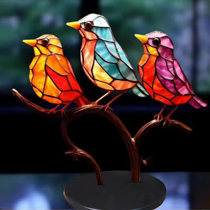 Stained Birds On Branch Desktop Ornaments Metal Table Art for Office Home Room Decoration-Three birds in one branch(same direction)