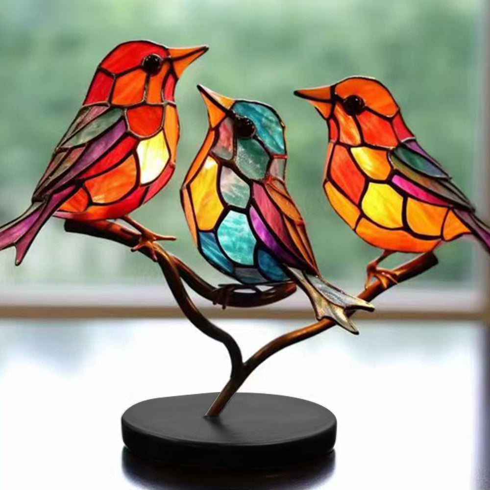 Stained Birds On Branch Desktop Ornaments Metal Table Art for Office Home Room Decoration-Three birds in one branch (relative direction)