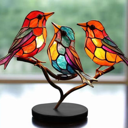 Stained Birds On Branch Desktop Ornaments Metal Table Art for Office Home Room Decoration-Three birds in one branch (relative direction)