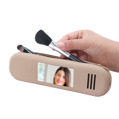Portable Travel Bag Organiser Make Up Brush Bag Cosmetic Pouch Toiletry Case with Mirror Khaki