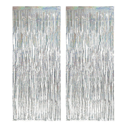2Pcs Fringe Curtain PET Curtain Backdrop Streamers Party Decorations Silver