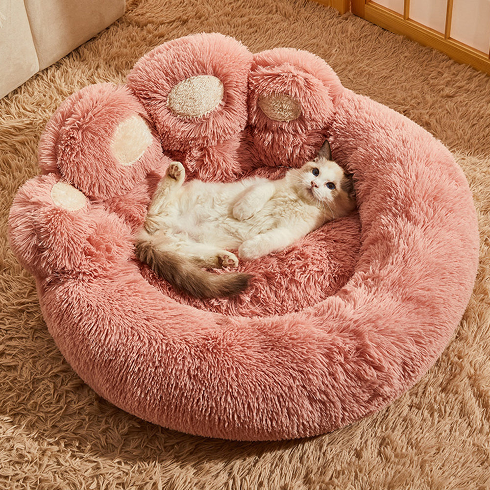 Calming Dog Bed Warm Soft Paw Shape Pet Bed Plush Cushion Bed for Dogs Cats-Pink Color