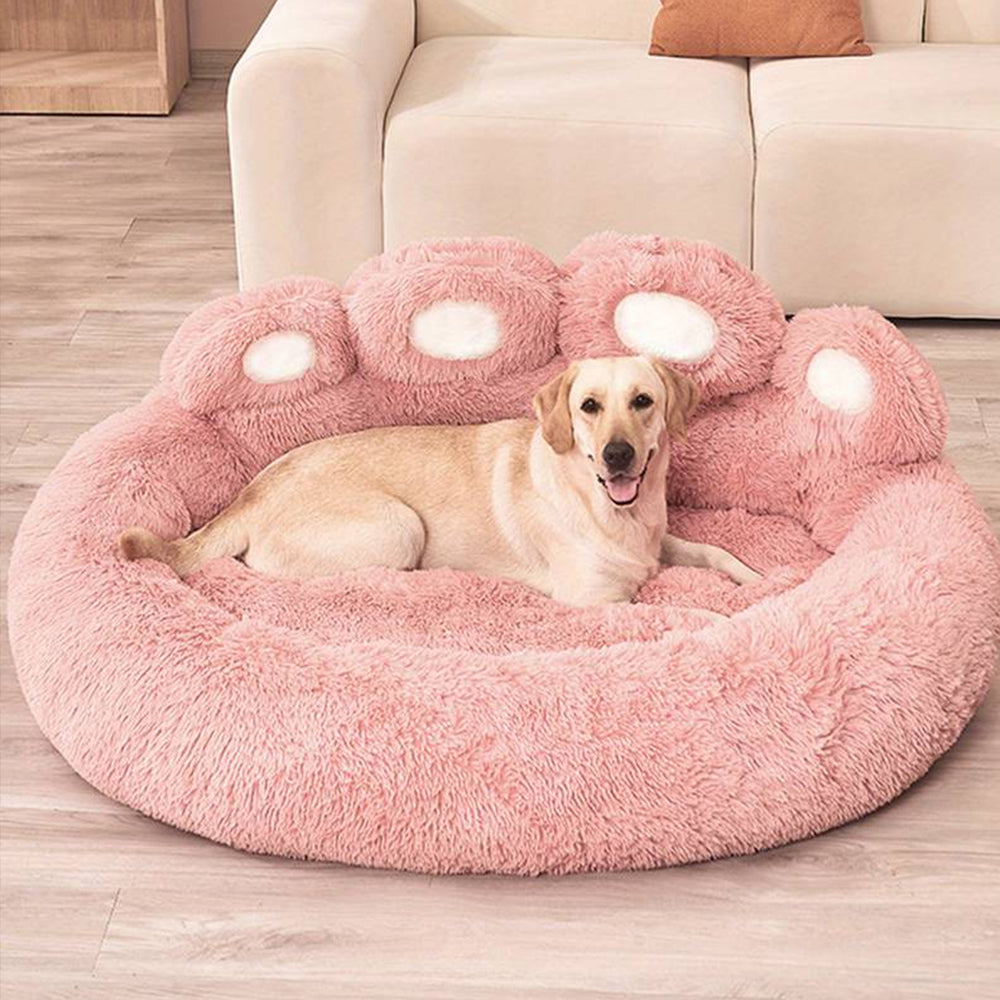 Calming Dog Bed Warm Soft Paw Shape Pet Bed Plush Cushion Bed for Dogs Cats-Pink Color