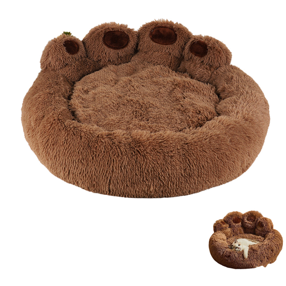 Calming Dog Bed Warm Soft Paw Shape Pet Bed Plush Cushion Bed for Dogs Cats-Coffee Color
