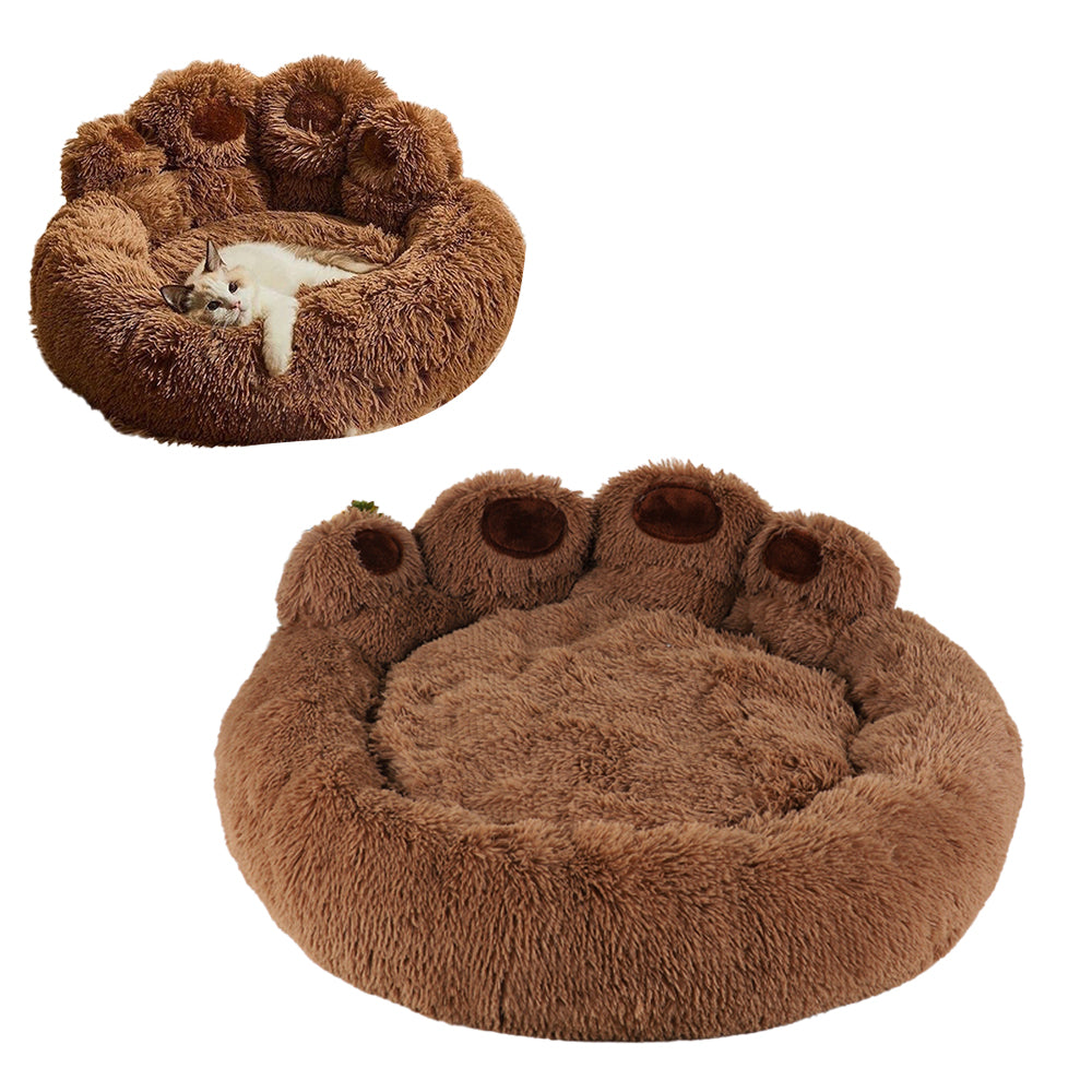 Calming Dog Bed Warm Soft Paw Shape Pet Bed Plush Cushion Bed for Dogs Cats-Coffee Color
