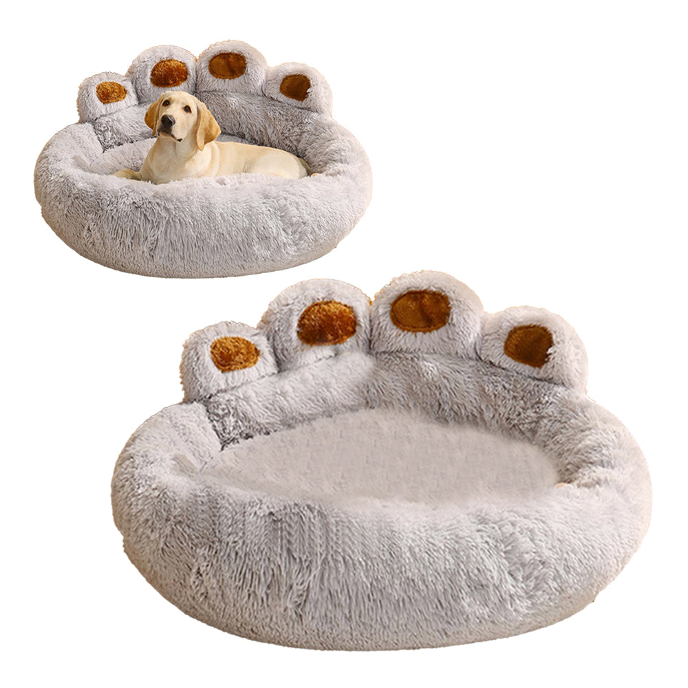 Calming Dog Bed Warm Soft Paw Shape Pet Bed Plush Cushion Bed for Dogs Cats-Grey Color