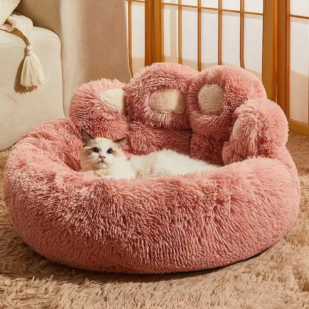 Calming Dog Bed Warm Soft Paw Shape Pet Bed Plush Cushion Bed for Dogs Cats-Pink Color