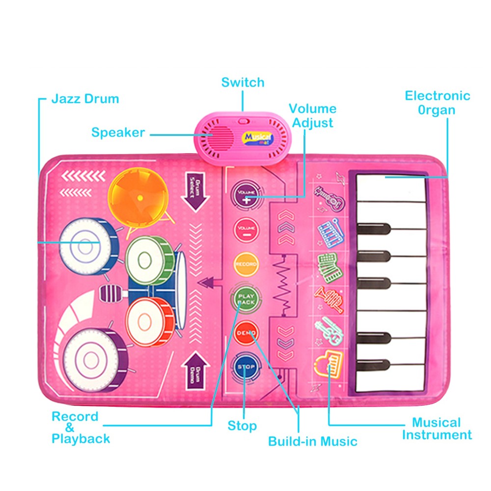 2-in-1 Musical Mats Piano Keyboard and Drum Toddlers Early Education Toy Pink