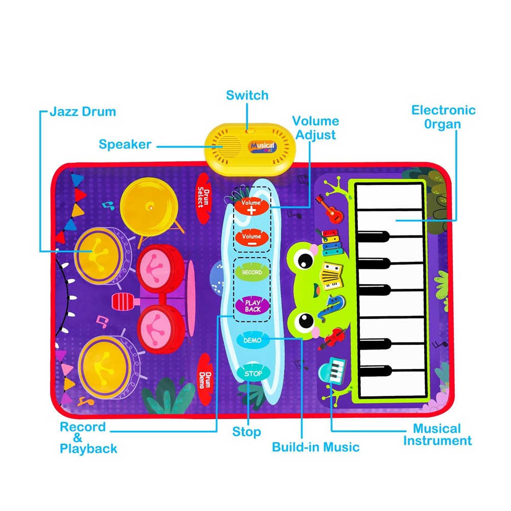 2-in-1 Musical Mats Piano Keyboard and Drum Toddlers Early Education Toy Purple
