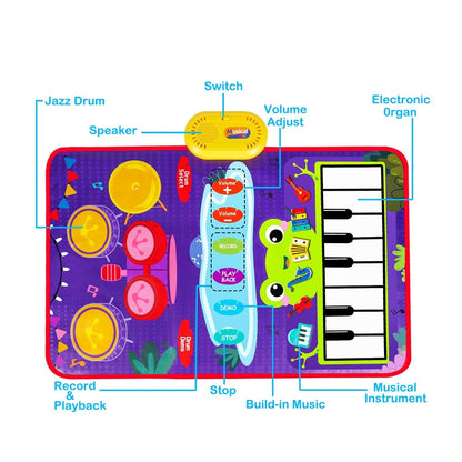 2-in-1 Musical Mats Piano Keyboard and Drum Toddlers Early Education Toy Purple