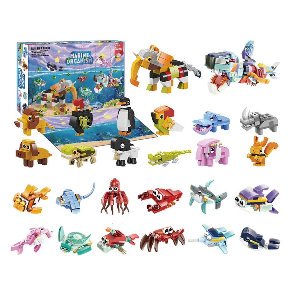24pcs Christmas Advent Calendar DIY Aquatic Creatures Building Blocks Toy Christmas Countdown Calendar Xmas Blind Box Style 1