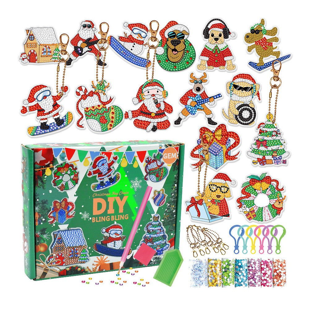 15Pcs DIY Christmas Acrylic Diamond Painting Keychain Xmas Hanging Key Ring Pendant Style 1