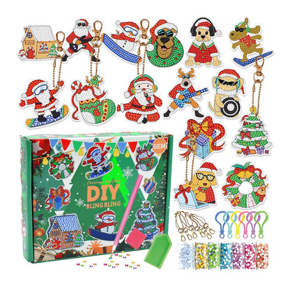 15Pcs DIY Christmas Acrylic Diamond Painting Keychain Xmas Hanging Key Ring Pendant Style 1