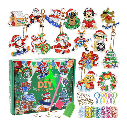 15Pcs DIY Christmas Acrylic Diamond Painting Keychain Xmas Hanging Key Ring Pendant Style 1