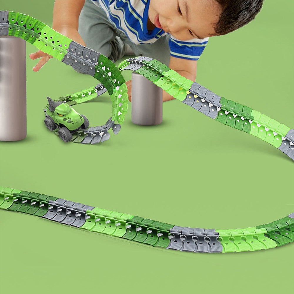 138Pcs Changeable Track Dinosaur Racing Car Set Kids Light Up Dinosaur Car Toy