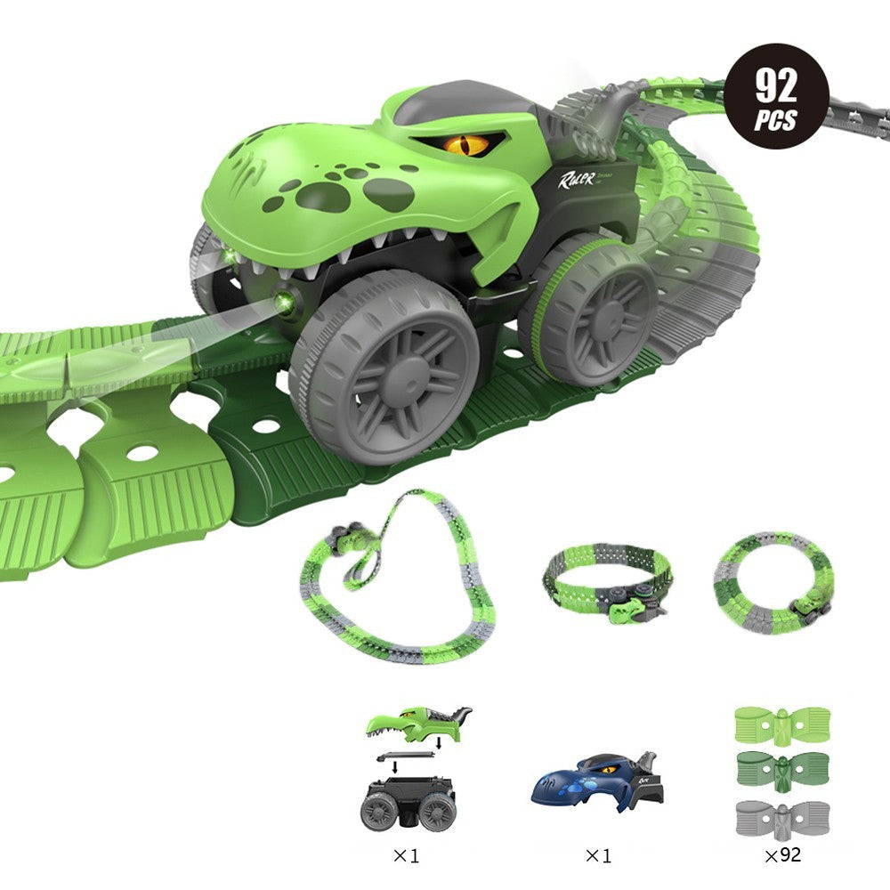 92Pcs Changeable Track Dinosaur Racing Car Set Kids Light Up Dinosaur Car Toy