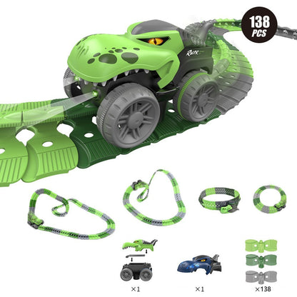 138Pcs Changeable Track Dinosaur Racing Car Set Kids Light Up Dinosaur Car Toy