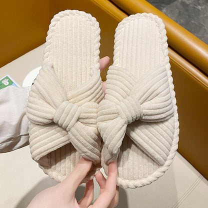 Cross Strap Flat Slippers Breathable Open Toe Women Slippers for Home-Beige