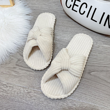 Cross Strap Flat Slippers Breathable Open Toe Women Slippers for Home-Beige