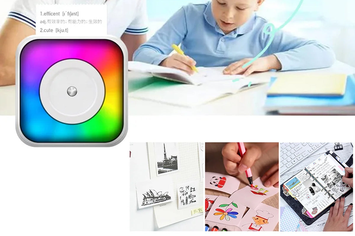 Mini Thermal Printer with RGB Light Portable Pocket Photo Picture Printer with 10 Rolls of Paper