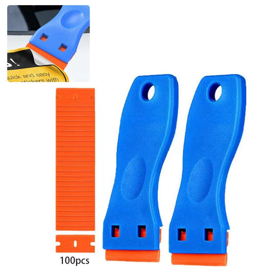2 Plastic Scraper Tools with 100Pcs Plastic Blades Kit Sticker Adhesive Decal Tape Cleaning Tool