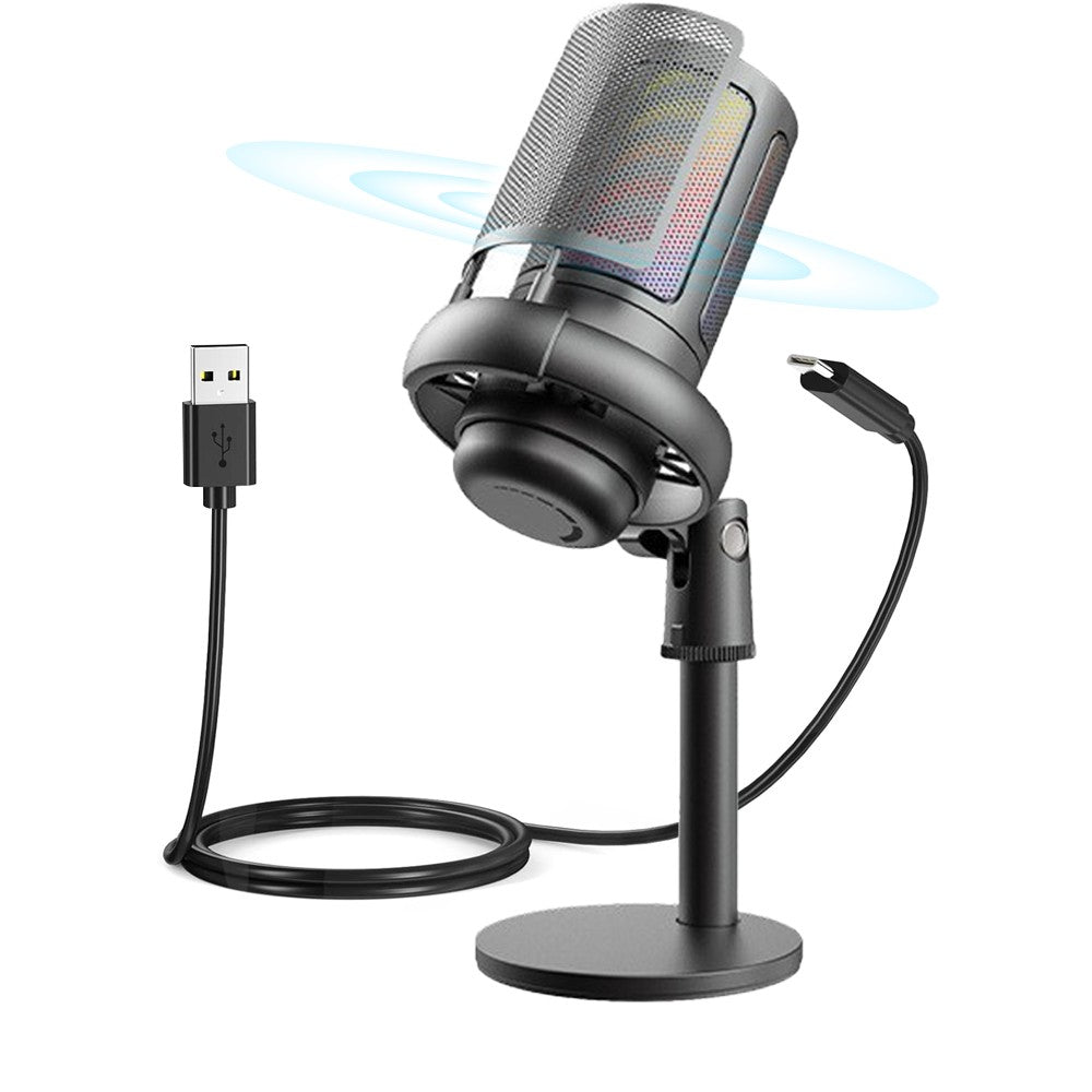 USB Condenser Microphone Gaming Mic with RGB Light for PC Gaming Live Recording Streaming Black