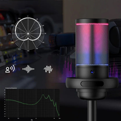 USB Condenser Microphone Gaming Mic with RGB Light for PC Gaming Live Recording Streaming Black