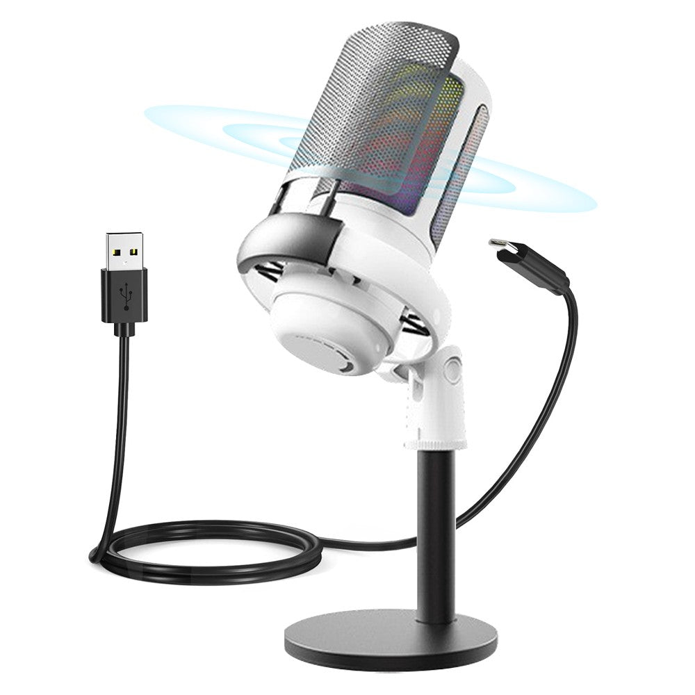 USB Condenser Microphone Gaming Mic with RGB Light for PC Gaming Live Recording Streaming White