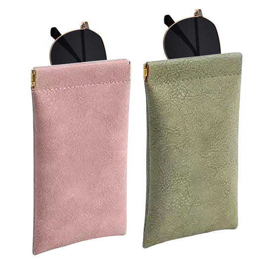 2Pcs Squeeze Top Glasses Pouches Portable Leather Sunglasses Storage Bags Travel Glasses Pouch Green and Pink