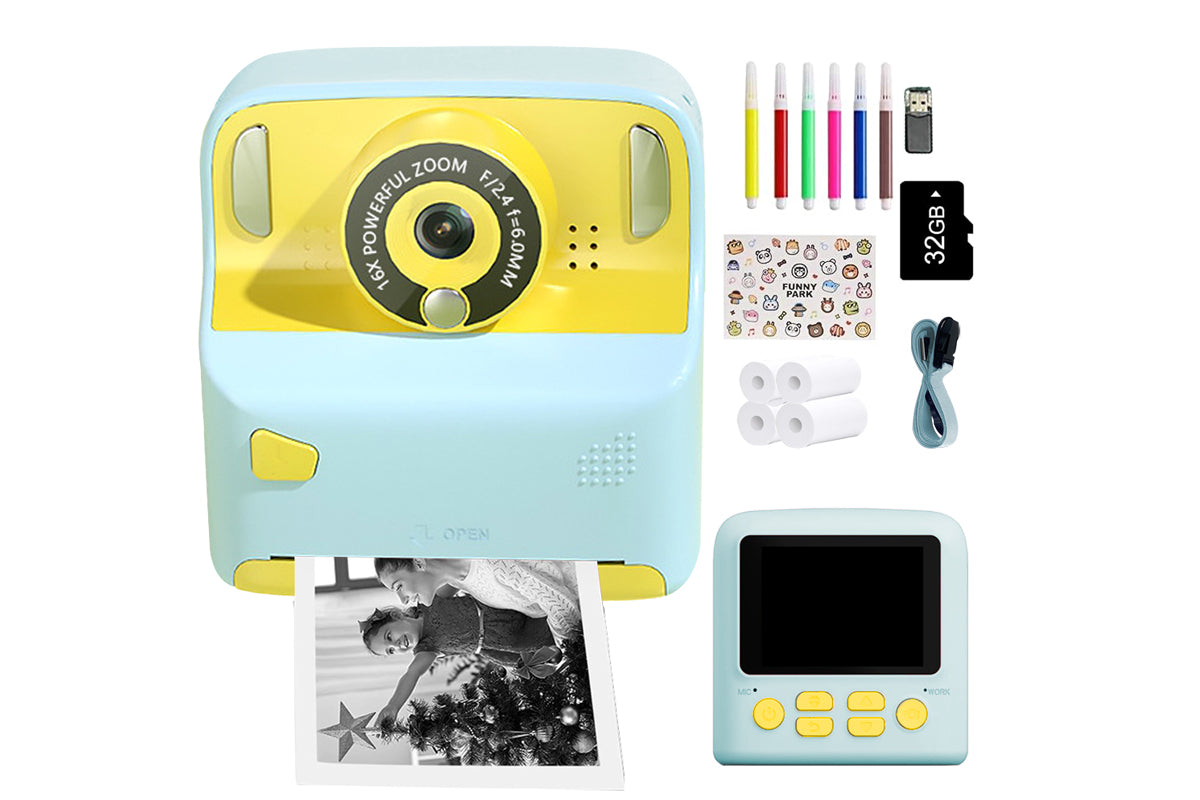 Instant Print Camera Toy with 32GB Memory Card and 5 Rolls Print Paper-Blue