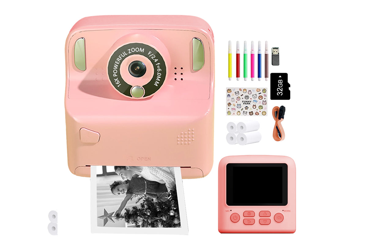Instant Print Camera Toy with 32GB Memory Card and 5 Rolls Print Paper-Pink