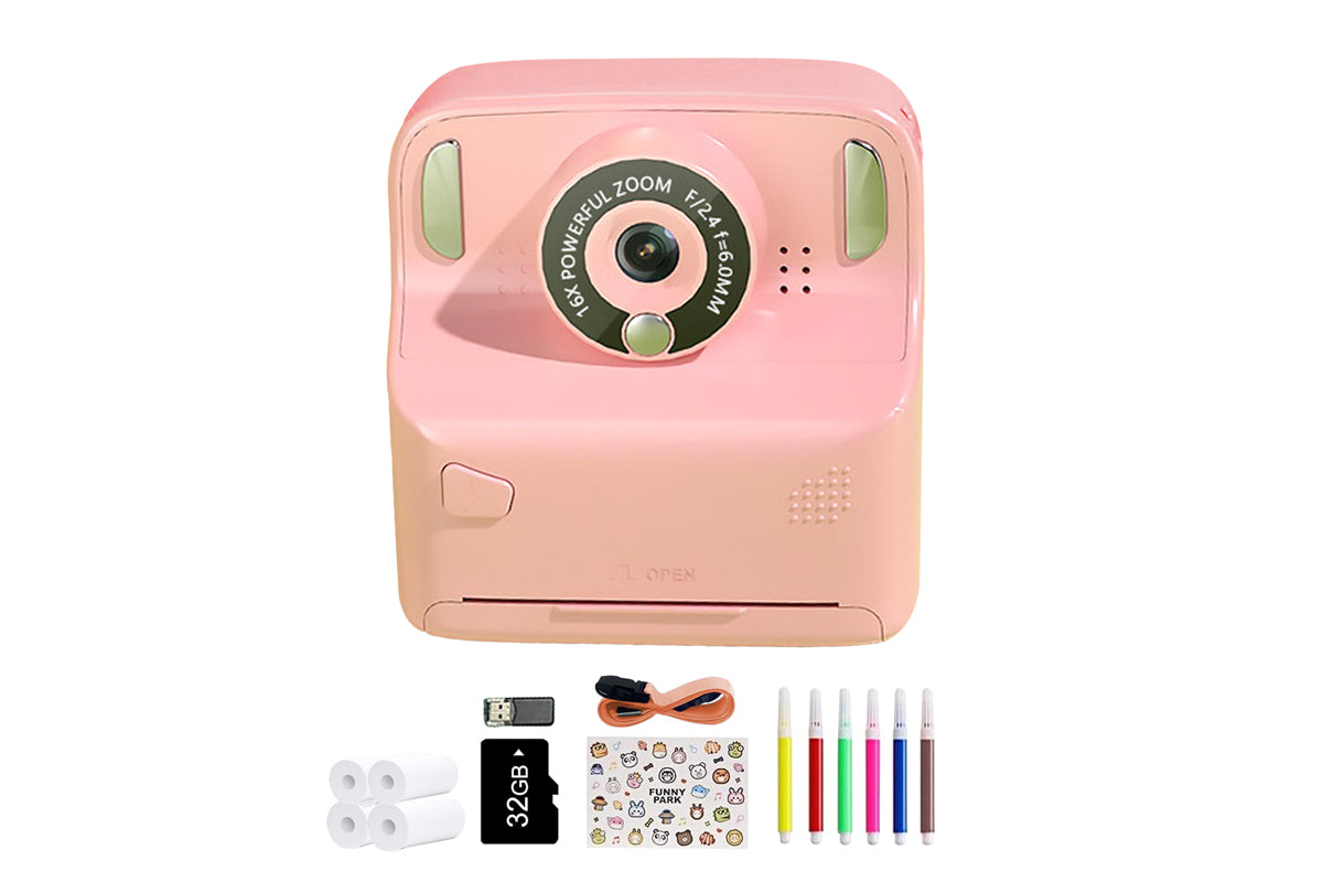 Instant Print Camera Toy with 32GB Memory Card and 5 Rolls Print Paper-Pink