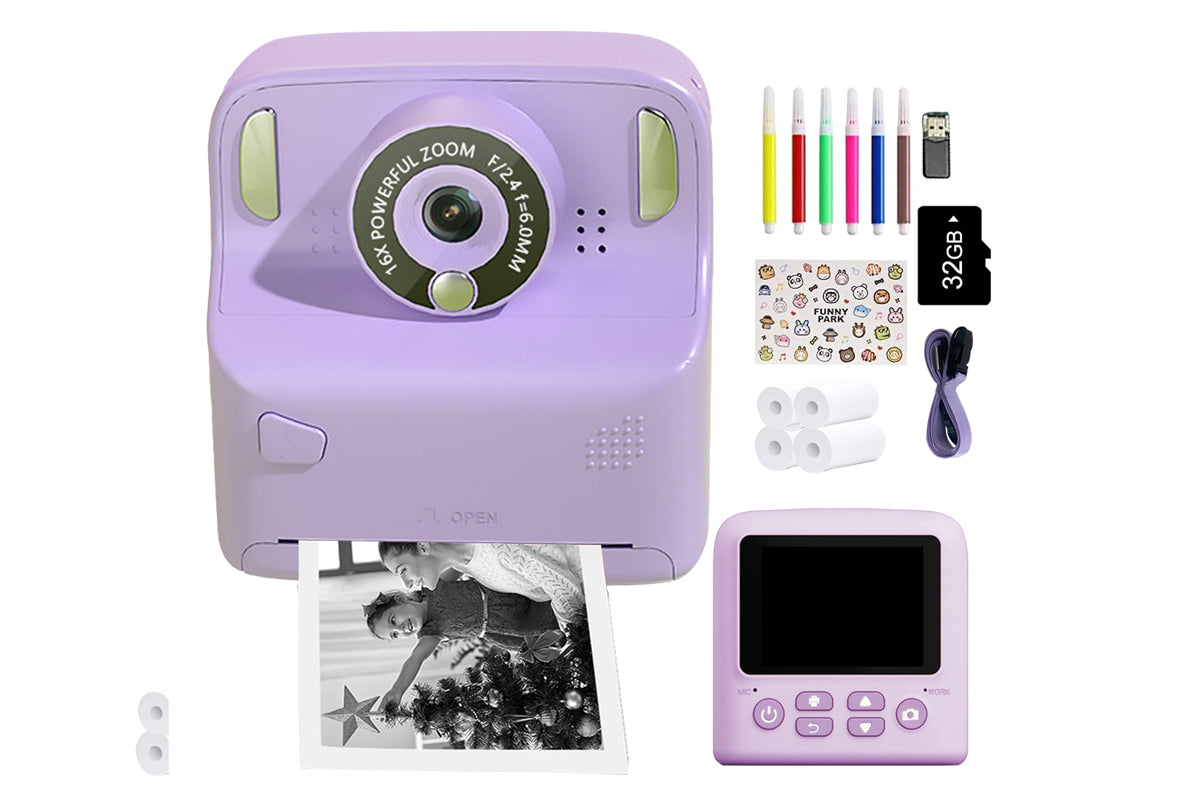 Instant Print Camera Toy with 32GB Memory Card and 5 Rolls Print Paper-Purple