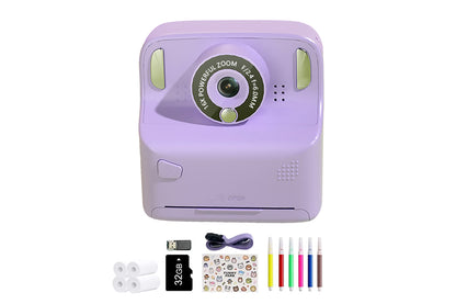 Instant Print Camera Toy with 32GB Memory Card and 5 Rolls Print Paper-Purple