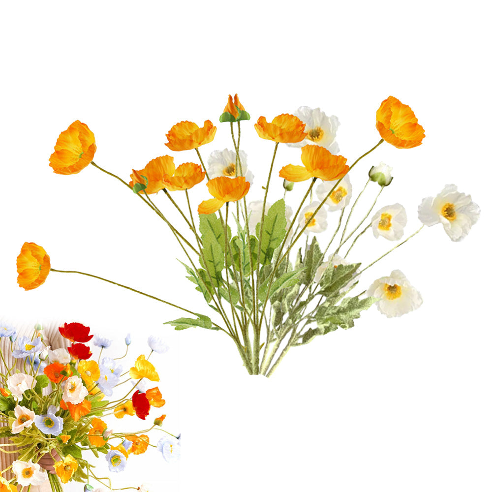6Pcs 4 Head Artificial Poppy Flowers Flocking Stem Bouquet White Orange