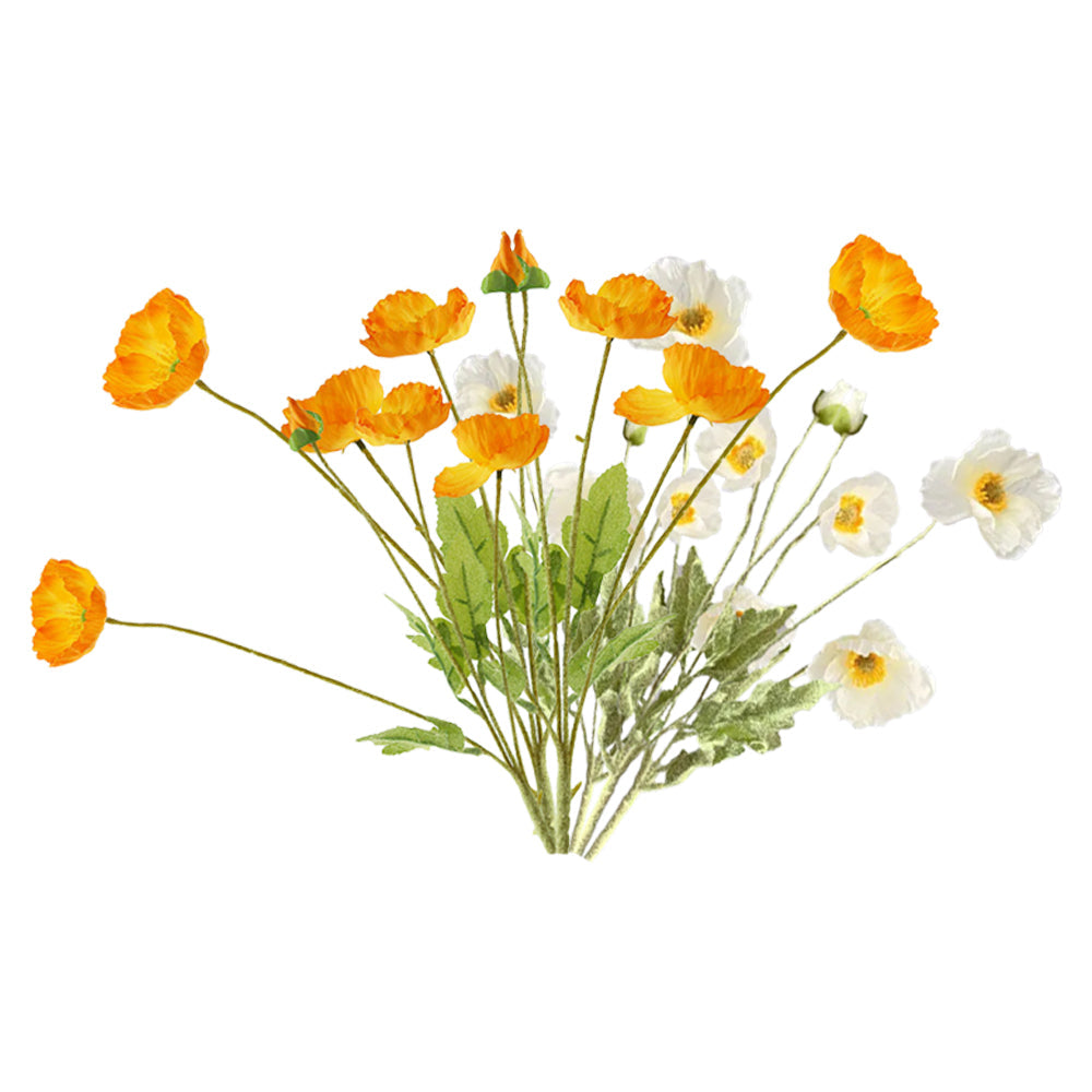 6Pcs 4 Head Artificial Poppy Flowers Flocking Stem Bouquet White Orange