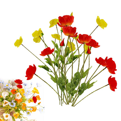 6Pcs 4 Head Artificial Poppy Flowers Flocking Stem Bouquet Red Yellow