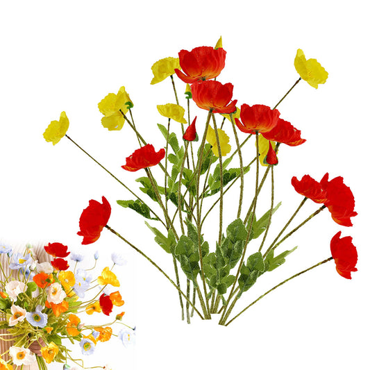 6Pcs 4 Head Artificial Poppy Flowers Flocking Stem Bouquet Red Yellow