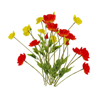 6Pcs 4 Head Artificial Poppy Flowers Flocking Stem Bouquet Red Yellow