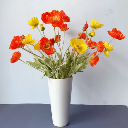 6Pcs 4 Head Artificial Poppy Flowers Flocking Stem Bouquet Red Yellow