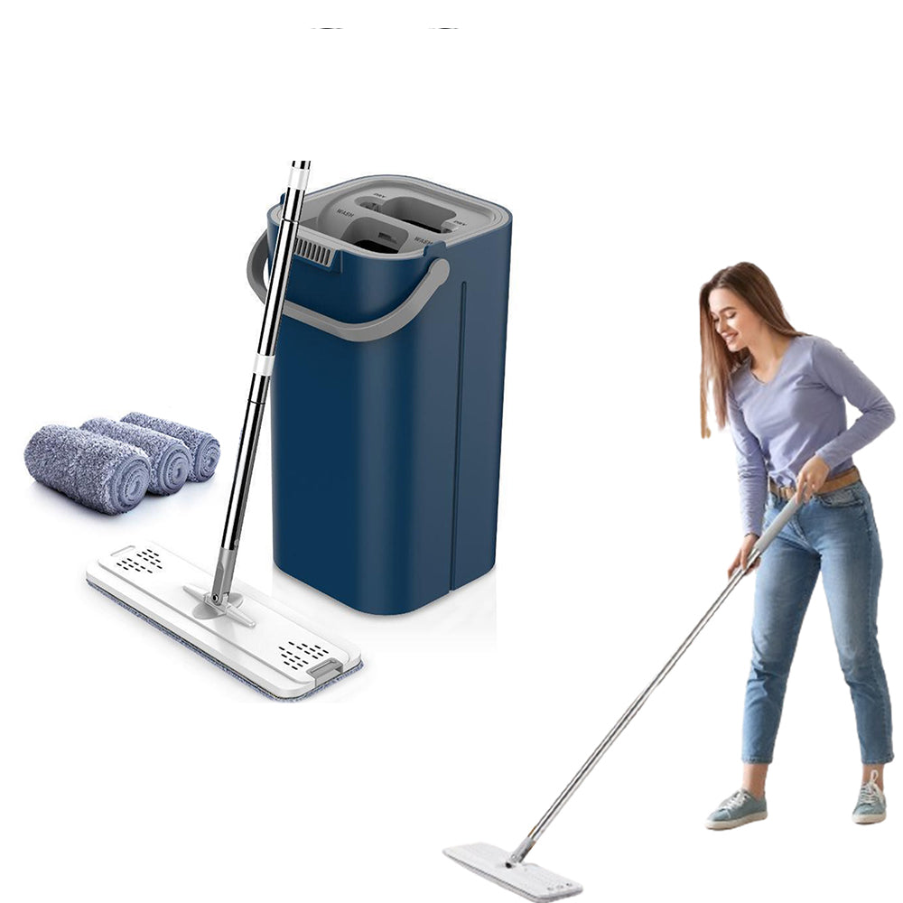 360-degree Rotatable Flat Floor Mop and Bucket Set with 4 Microfiber Mop Pads Floor Cleaning Tool Blue