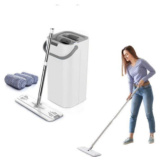360-degree Rotatable Flat Floor Mop and Bucket Set with 4 Microfiber Mop Pads Floor Cleaning Tool White