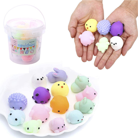24Pcs Cute Animal Shape Soft Squeezable Toys with Storage Bucket Mochi Squishy Party Favors for Kids