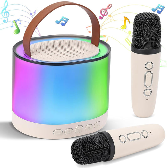 Portable Bluetooth Karaoke Machine with 2 Microphones RGB LED Dynamic Bluetooth Speaker Beige