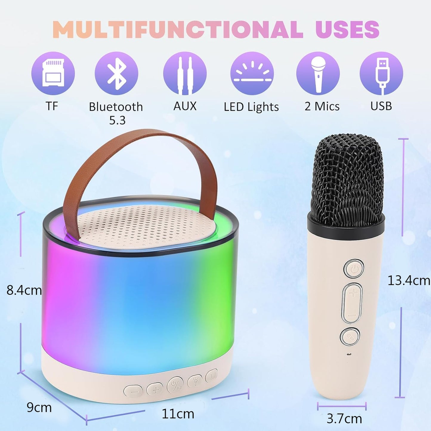 Portable Bluetooth Karaoke Machine with 2 Microphones RGB LED Dynamic Bluetooth Speaker Beige