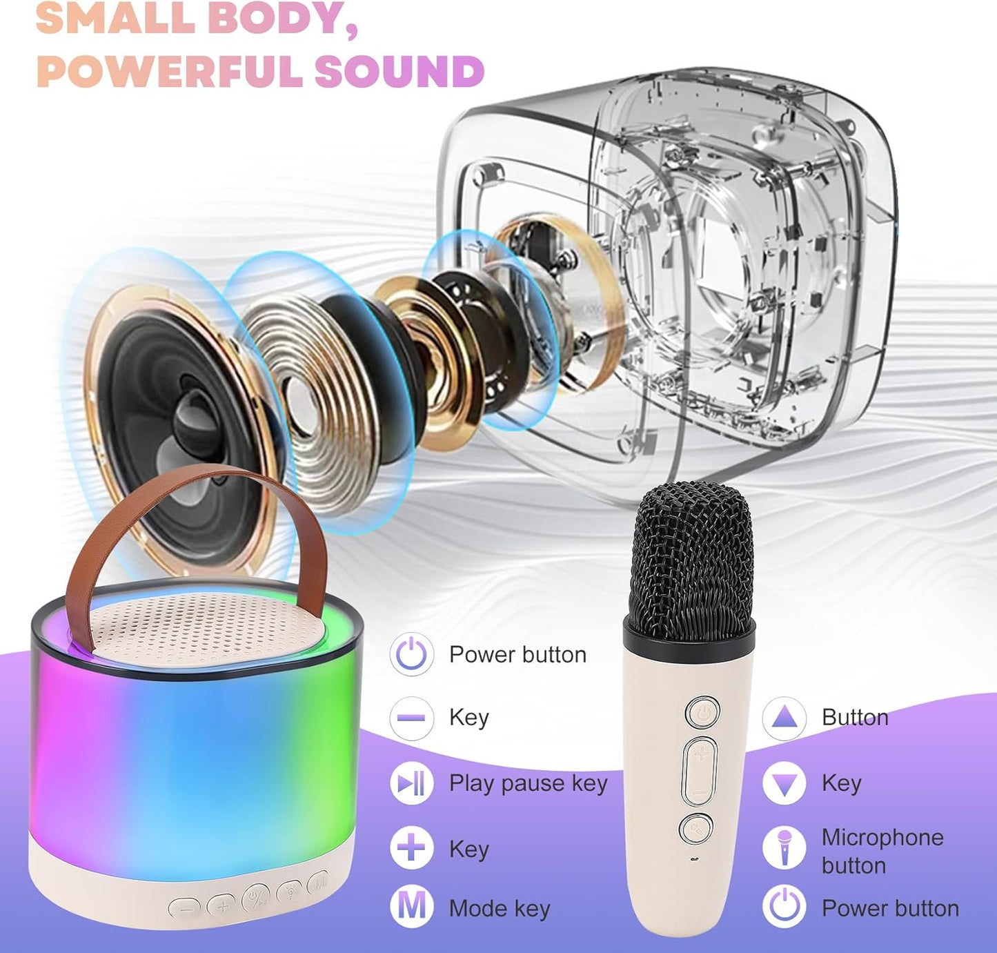 Portable Bluetooth Karaoke Machine with 2 Microphones RGB LED Dynamic Bluetooth Speaker Beige