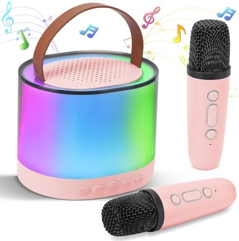 Portable Bluetooth Karaoke Machine with 2 Microphones RGB LED Dynamic Bluetooth Speaker Pink
