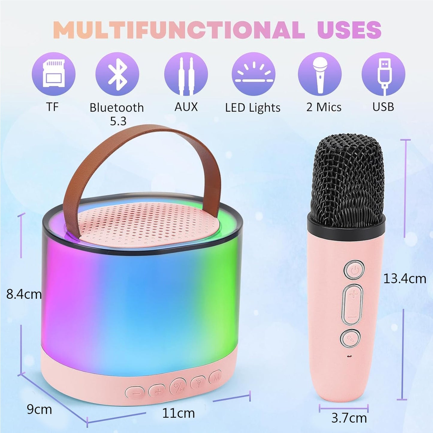 Portable Bluetooth Karaoke Machine with 2 Microphones RGB LED Dynamic Bluetooth Speaker Pink