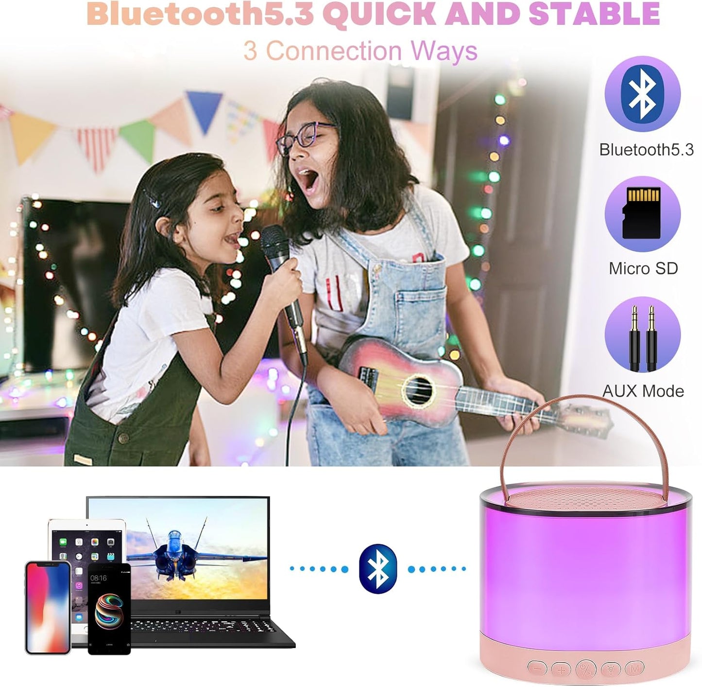 Portable Bluetooth Karaoke Machine with 2 Microphones RGB LED Dynamic Bluetooth Speaker Pink